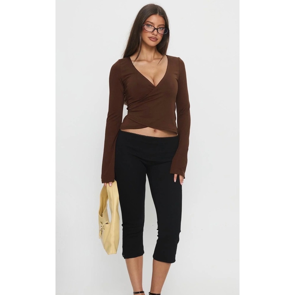Princess Polly‎ Brown Long Sleeve Wrap Top V-Neck Tie Waist Cropped US 10
